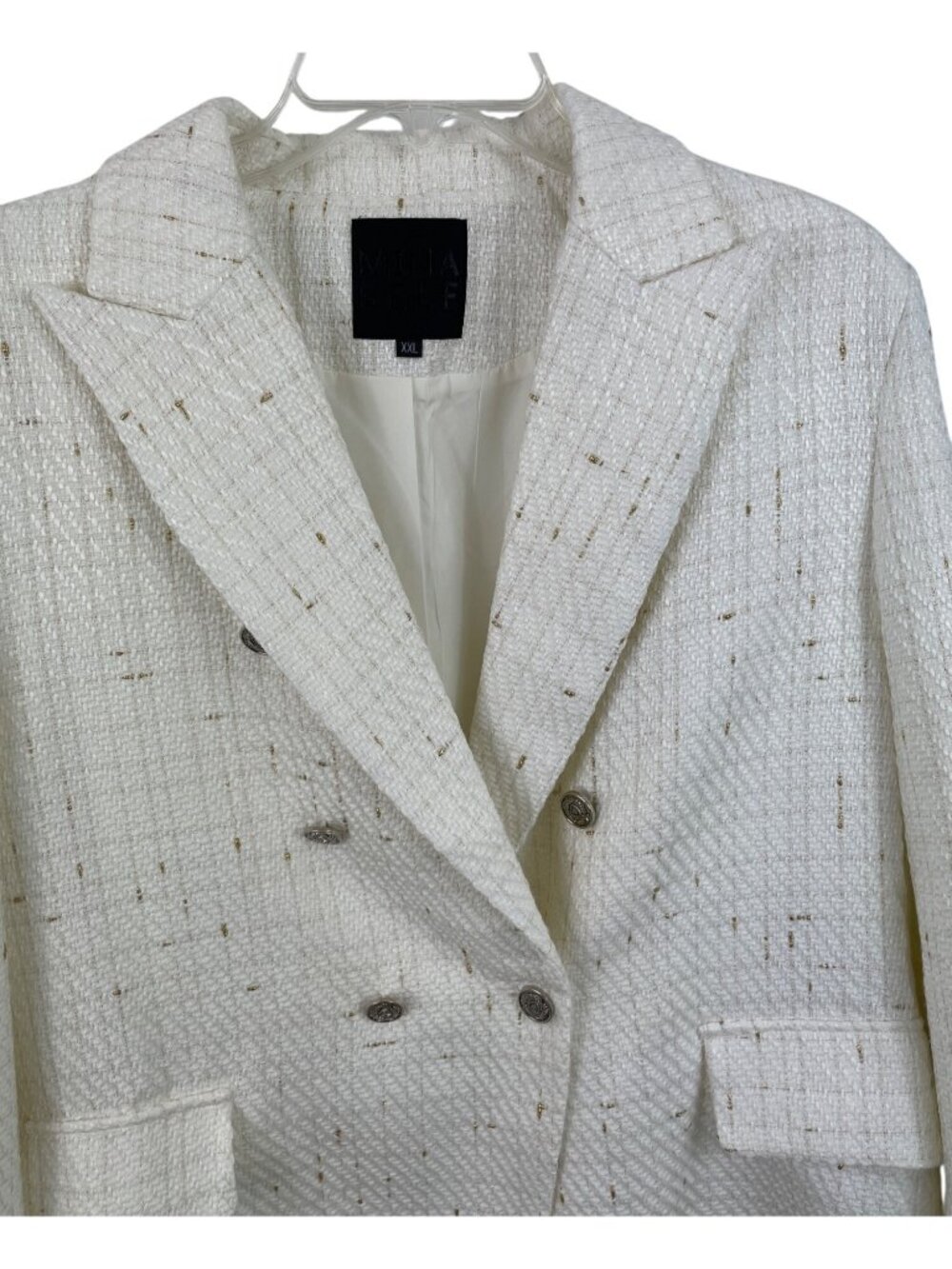 Mina Self Tweed Blazer Jacket Size XXL Ivory Gold Thread Plaid Double Breasted - Picture 3 of 12